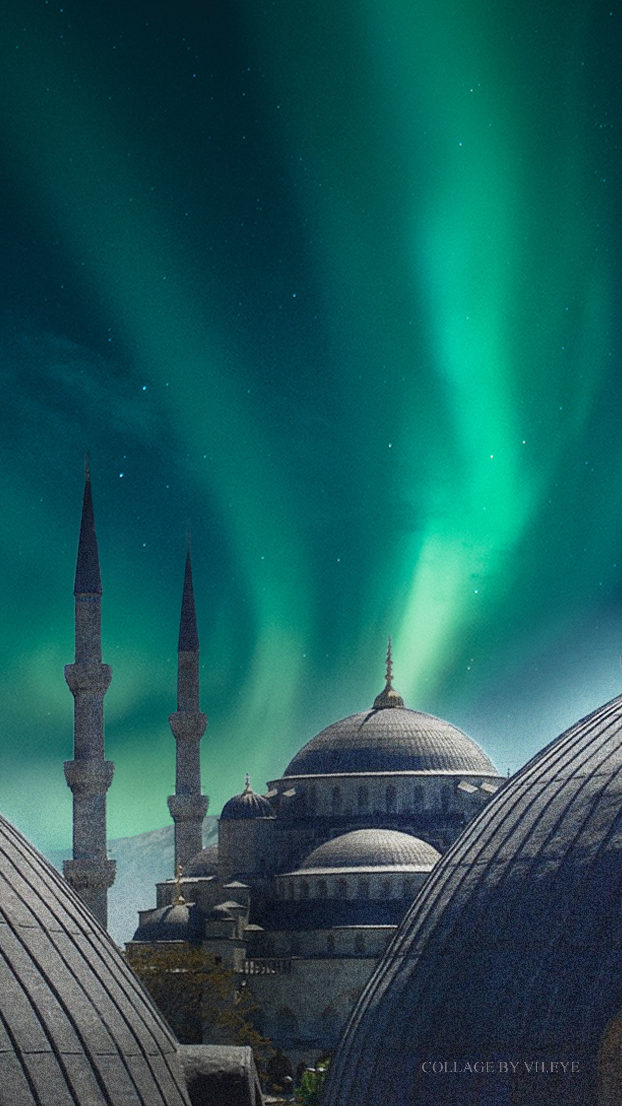Turkey Blue Mosque Wallpaper Iphone Android Collage Art By Vh Eye Northern Lights Aurora Borealis 2160x3840