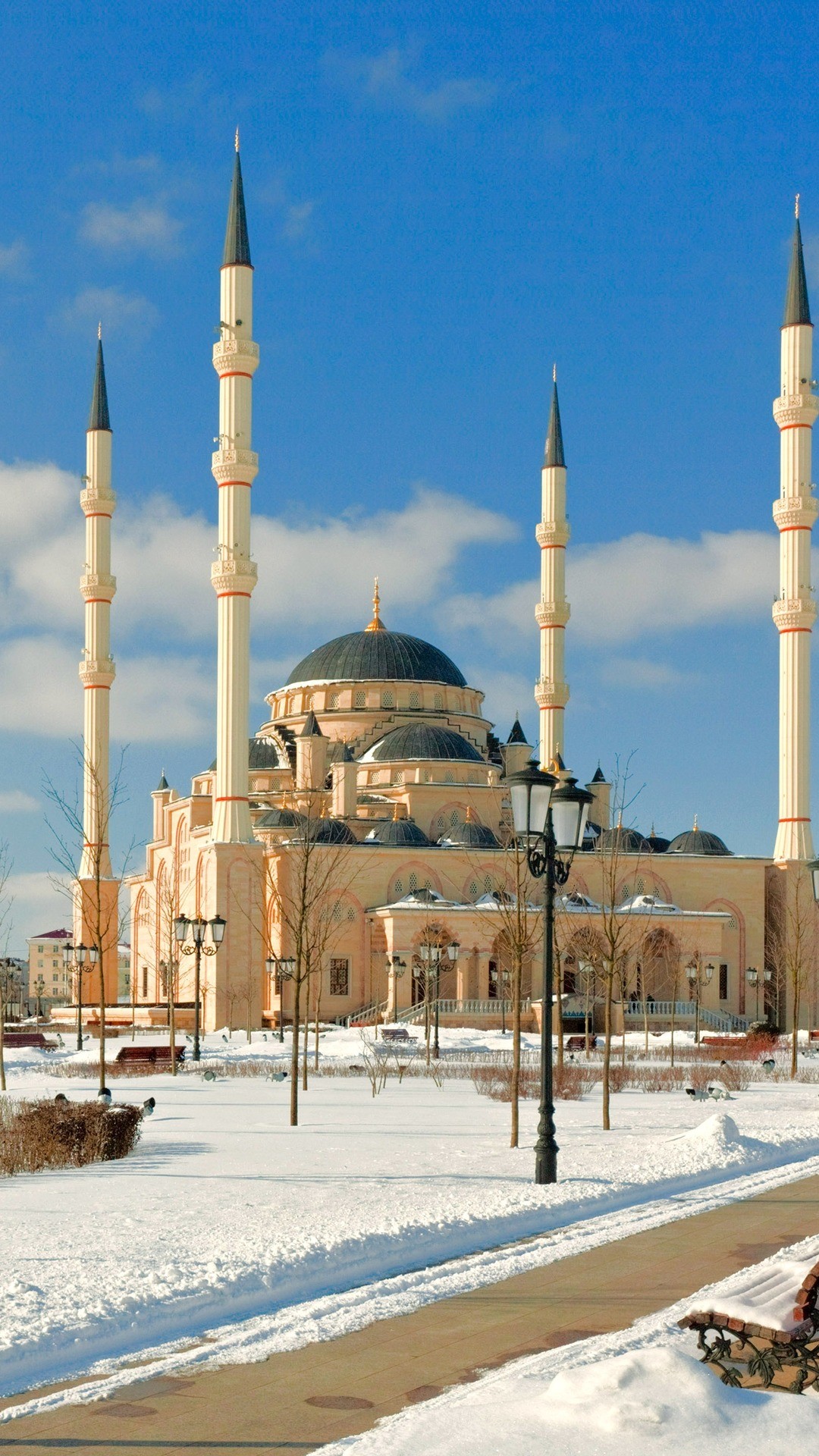 1080x1920 Wallpaper Chechnya Mosque Snow Minaret 1080x1920