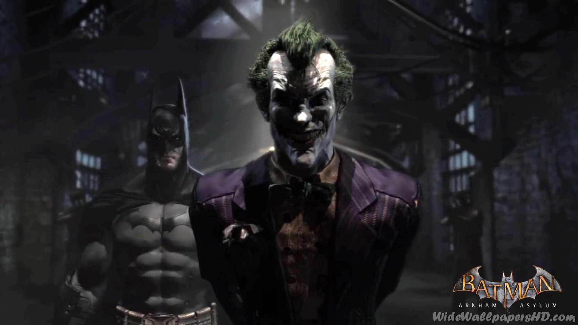 Image Batman With Joker In Pen Batman Arkham Asylum Wallpapers Jpg Villains Wiki Fandom Powered By Wikia 1920x1080