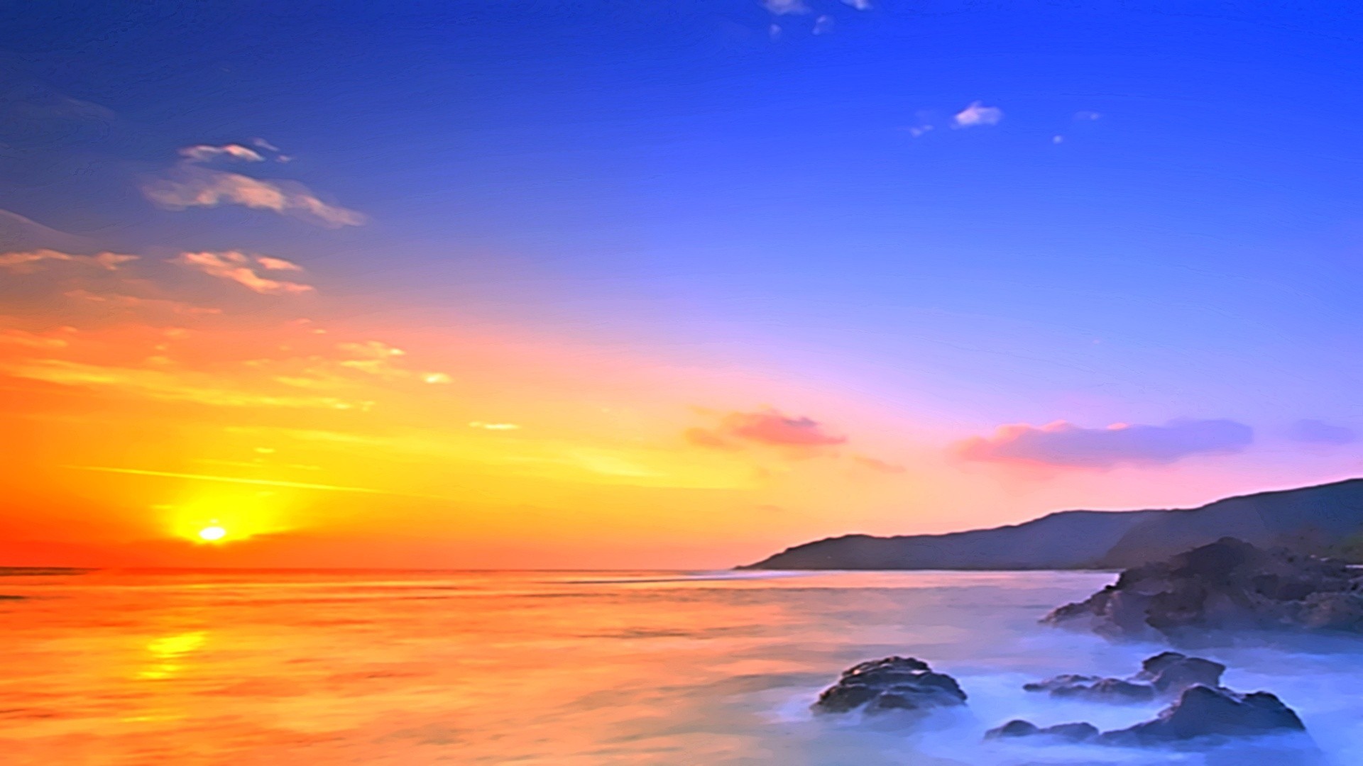 Sunrise Blue Ocean Sky Ray Mountain Rocks Desktop Background Waves 1920x1080