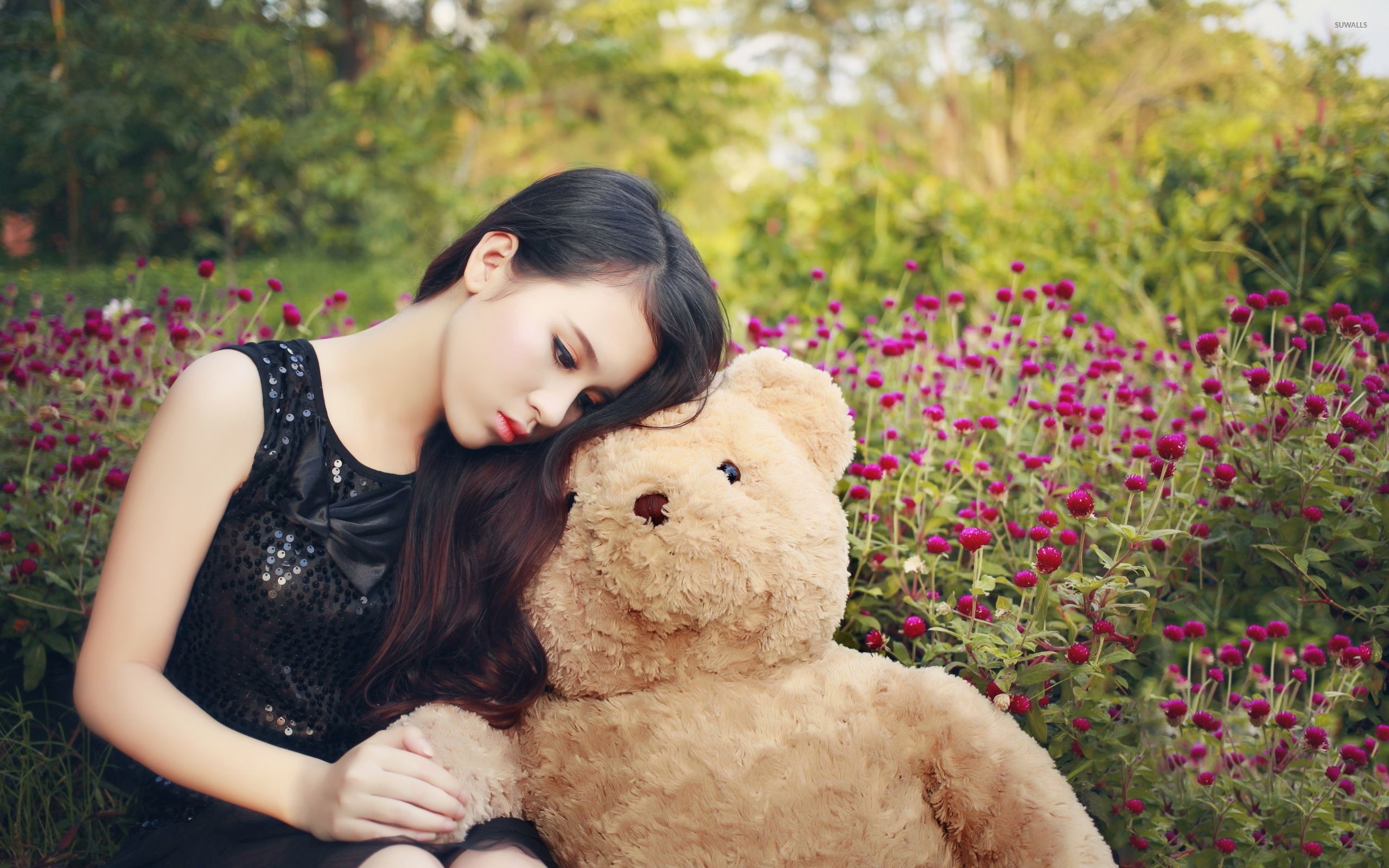 Cute Asian Girl With A Teddy Bear Wallpaper 2560x1600