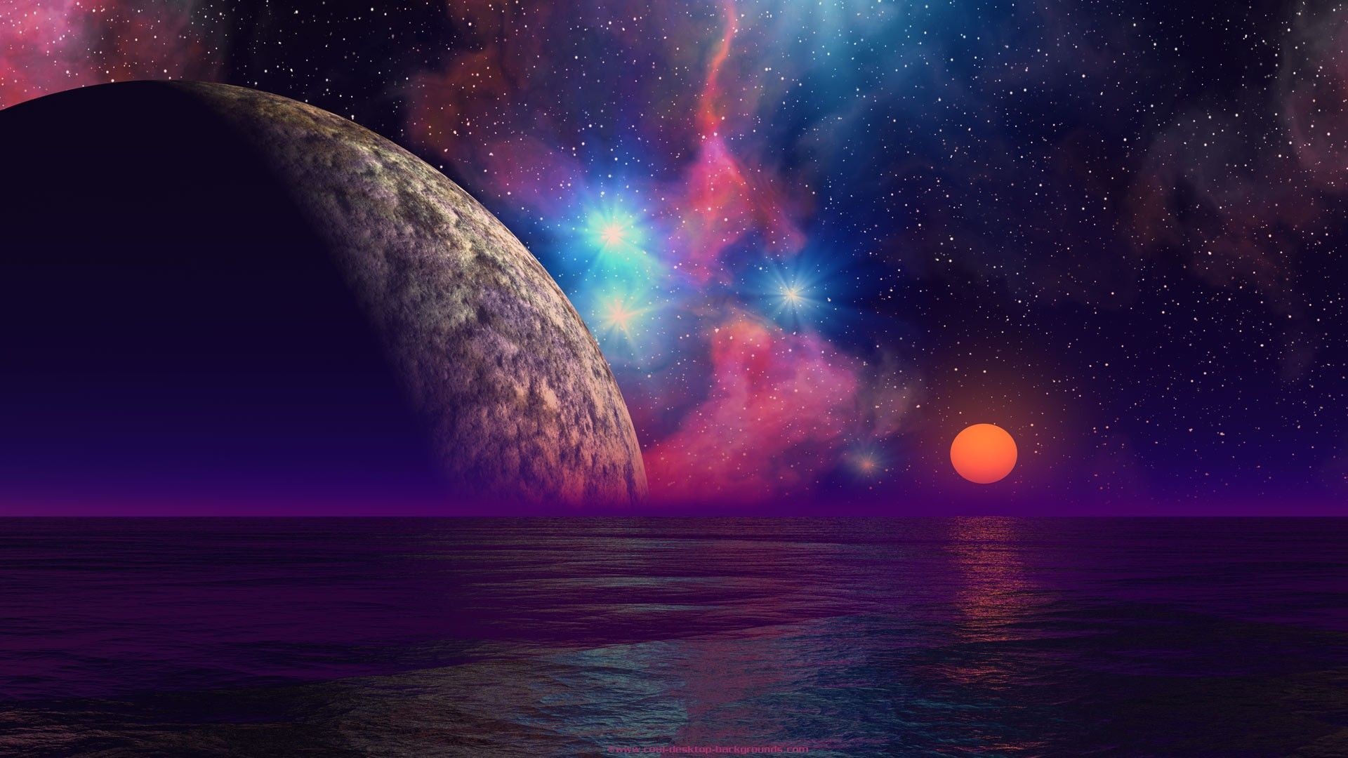 1920x1080 Desktop Background Wallpaper Ocean Sunset Planets Scifi 1920x1080