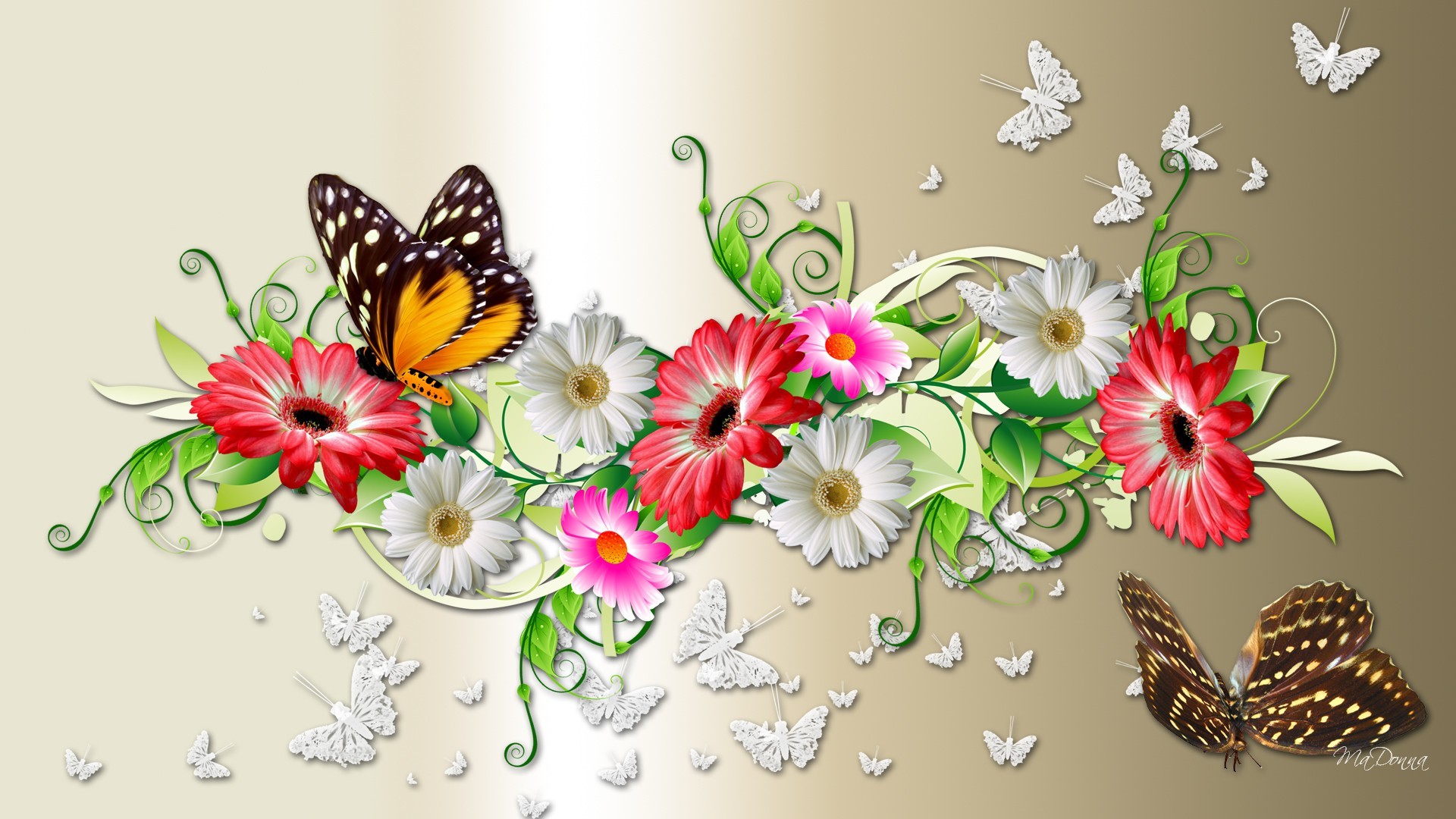 Spring Flowers And Butterflies Background 1920x1080