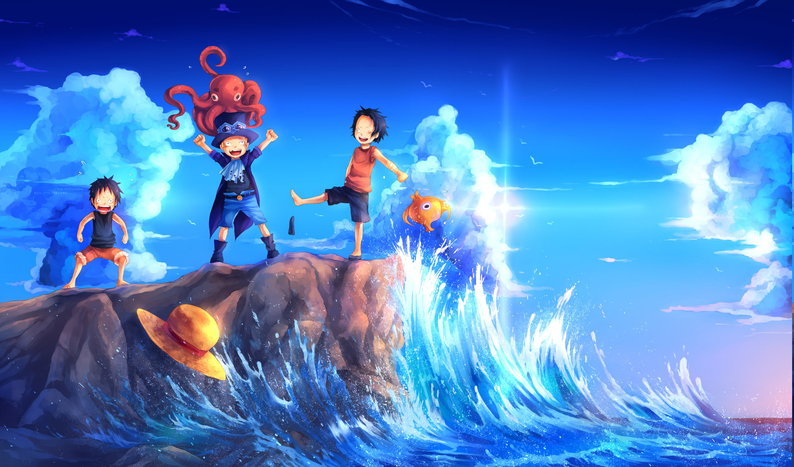 One Piece Monkey D Luffy Waves Portgas D Ace Sabo Fish Lens Flare Rock Wallpapers Hd Desktop And Mobile Backgrounds 2550x1500