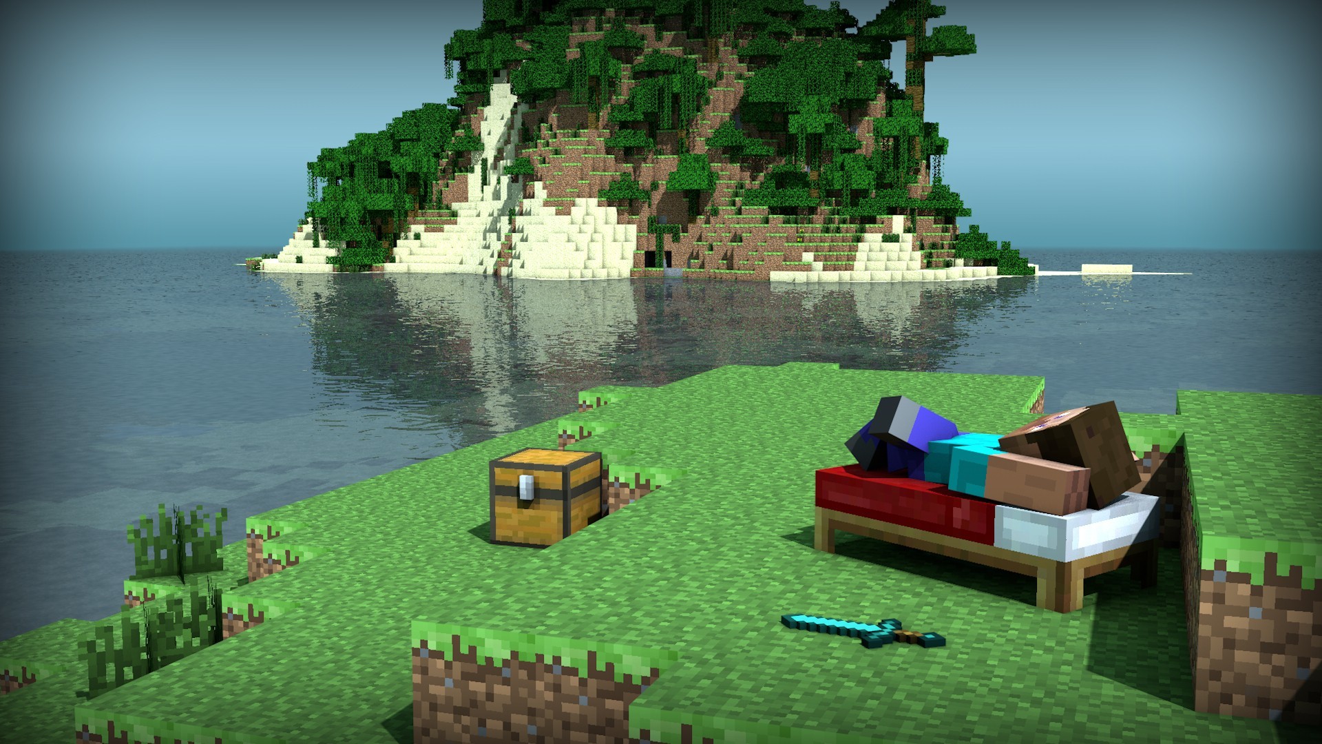 Video Game Minecraft Mojang Bed Steve Minecraft Video Game Sword Water Island Wallpaper 1920x1080