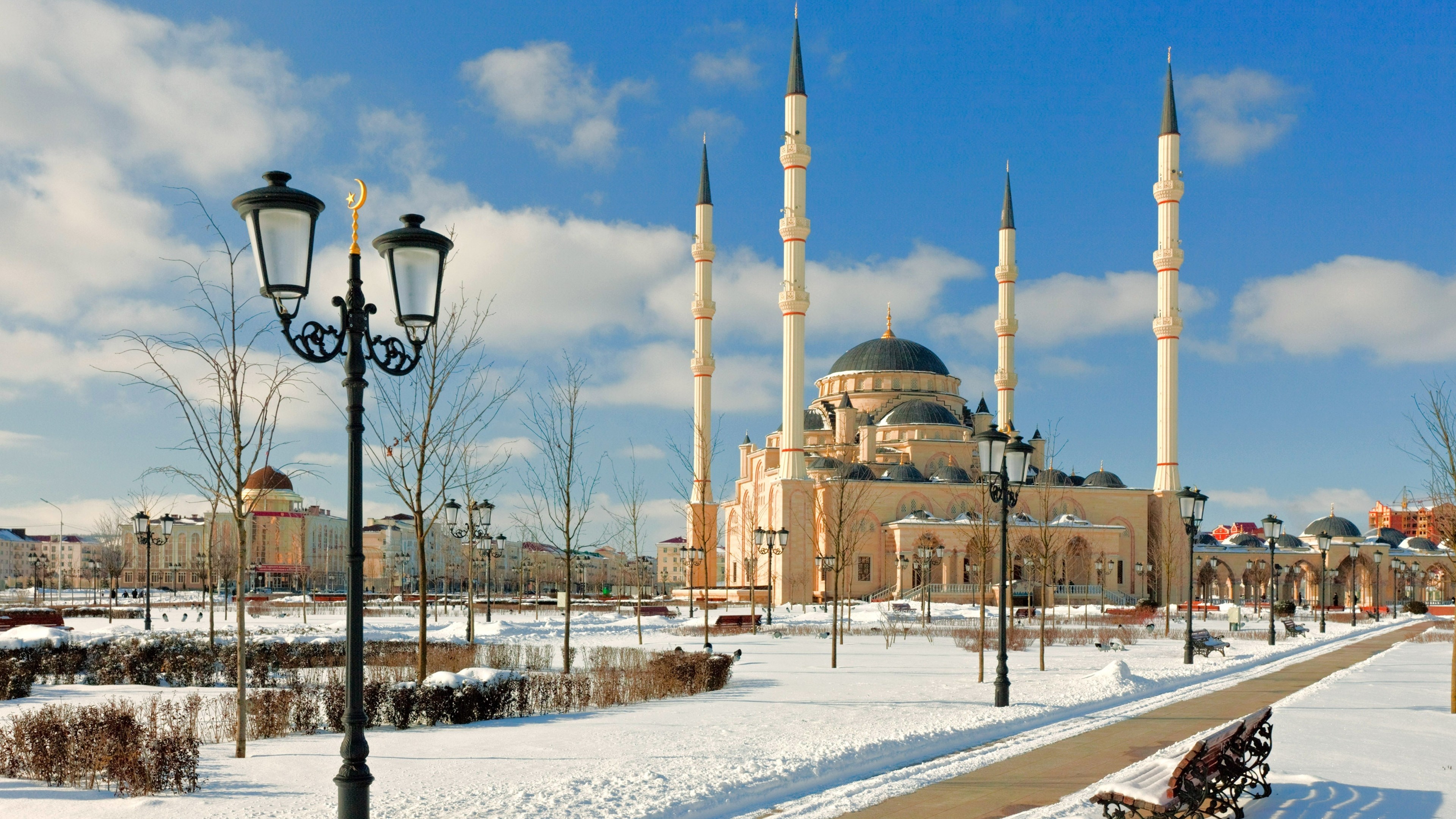 3840x2160 Wallpaper Chechnya Mosque Snow Minaret 3840x2160