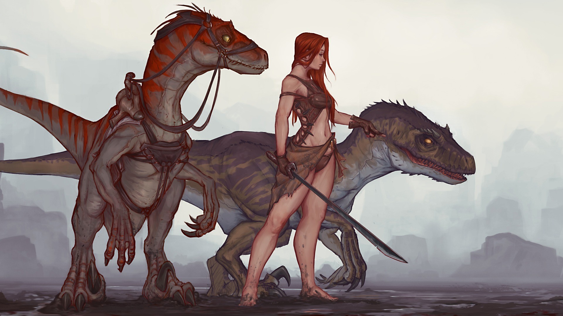 Illustration Women Dragon Ark Survival Evolved Dinosaurs Raptor Velociraptors Velociraptor Dinosaur Screenshot Mustang Horse Tyrannosaurus 1920x1080