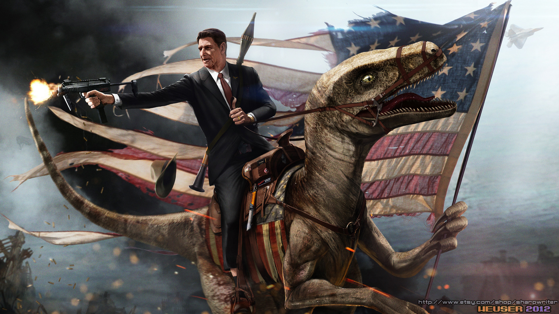 Ronald Reagan Riding A Velociraptor By Sharpwriter 1920x1080
