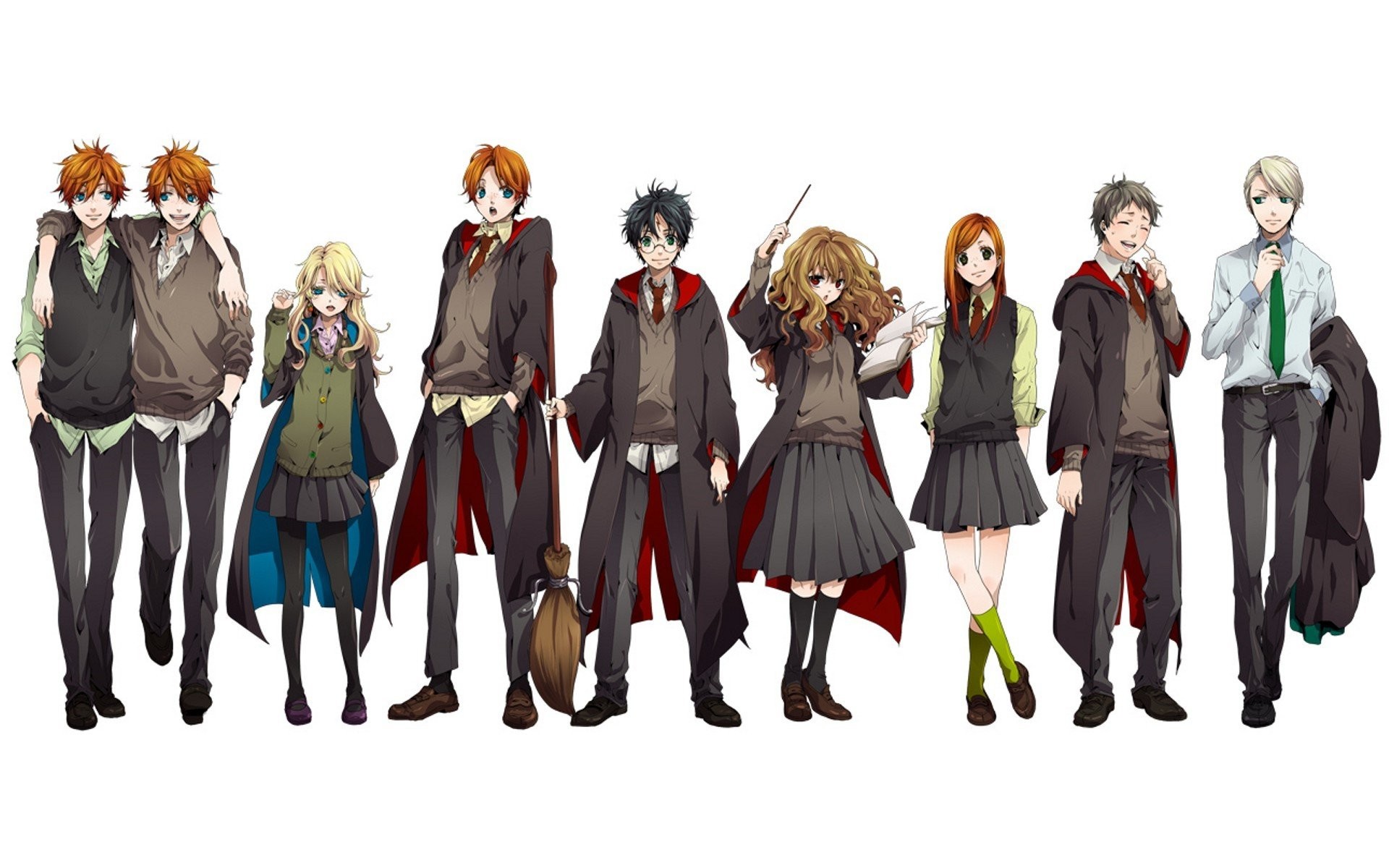 Anime Broomsticks Draco Malfoy Fred Weasley George Ginny Harry Potter Hermione Granger Luna Lovegood Neville Longbottom Ron Simple Background Students Wand 1920x1200