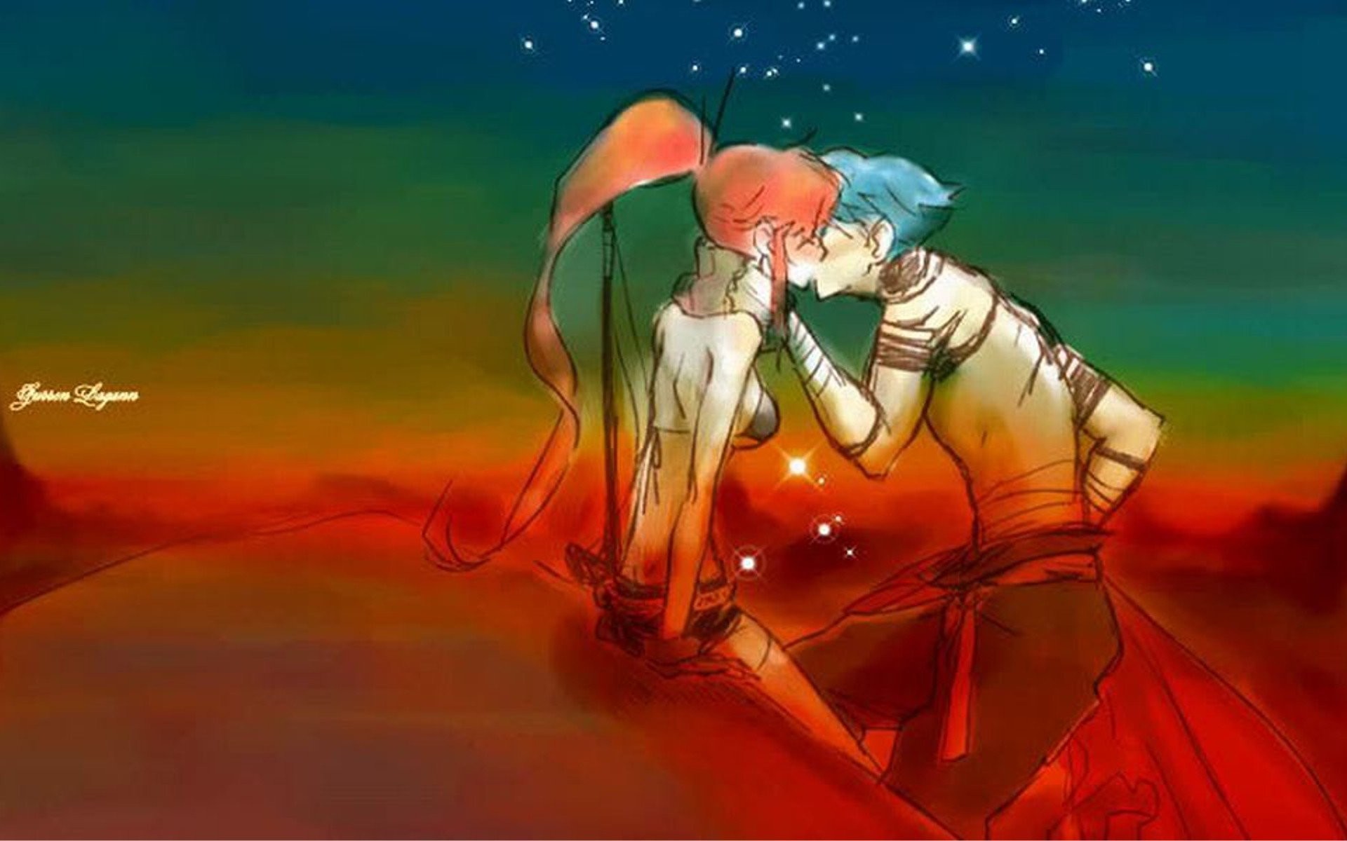 Kamina Kissing Tengen Toppa Gurren Lagann Couple Littner Yoko Anime Wallpaper 1920x1200 292046 Wallpaperup 1920x1200